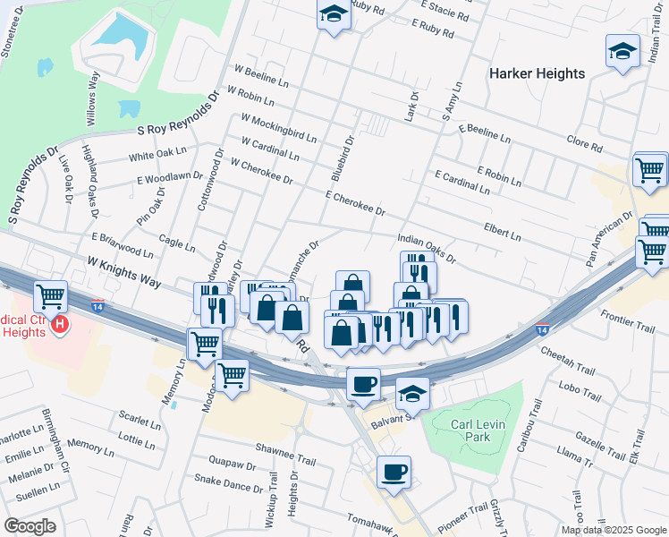 map of restaurants, bars, coffee shops, grocery stores, and more near 1719 Forest Hills Drive in Harker Heights
