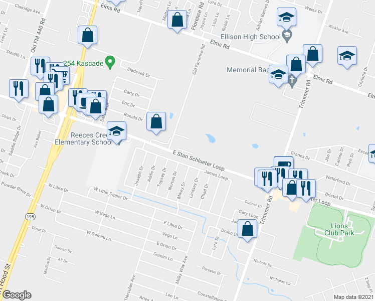 map of restaurants, bars, coffee shops, grocery stores, and more near 301 East Stan Schlueter Loop in Killeen