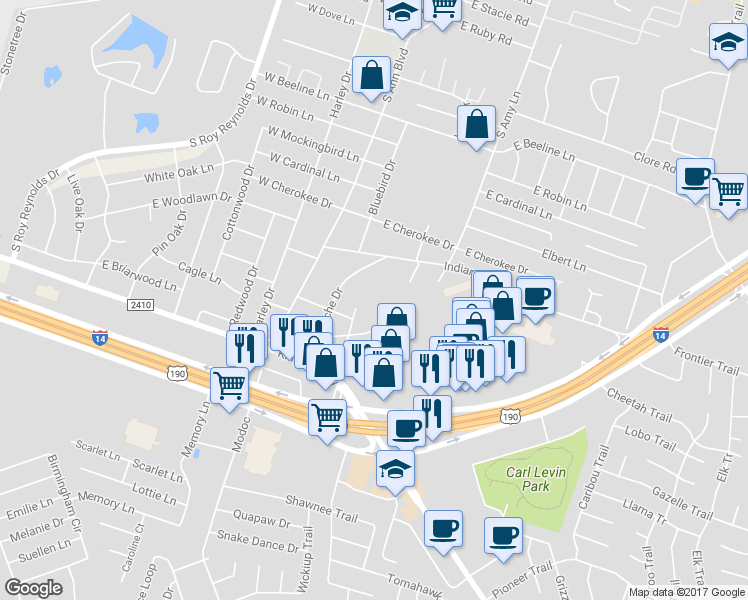 map of restaurants, bars, coffee shops, grocery stores, and more near 1719 Forest Hills Drive in Harker Heights