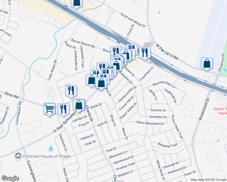 map of restaurants, bars, coffee shops, grocery stores, and more near 3310 Edgewood Drive in Killeen