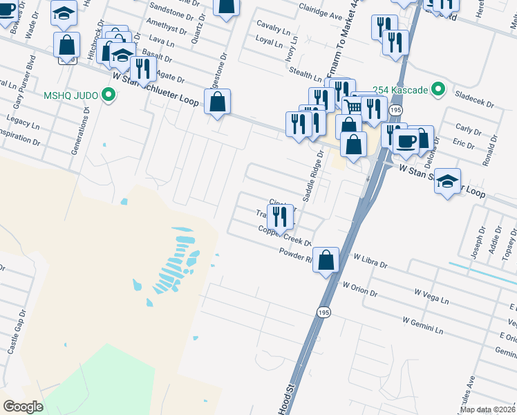 map of restaurants, bars, coffee shops, grocery stores, and more near 1405 Trail Boss Drive in Killeen