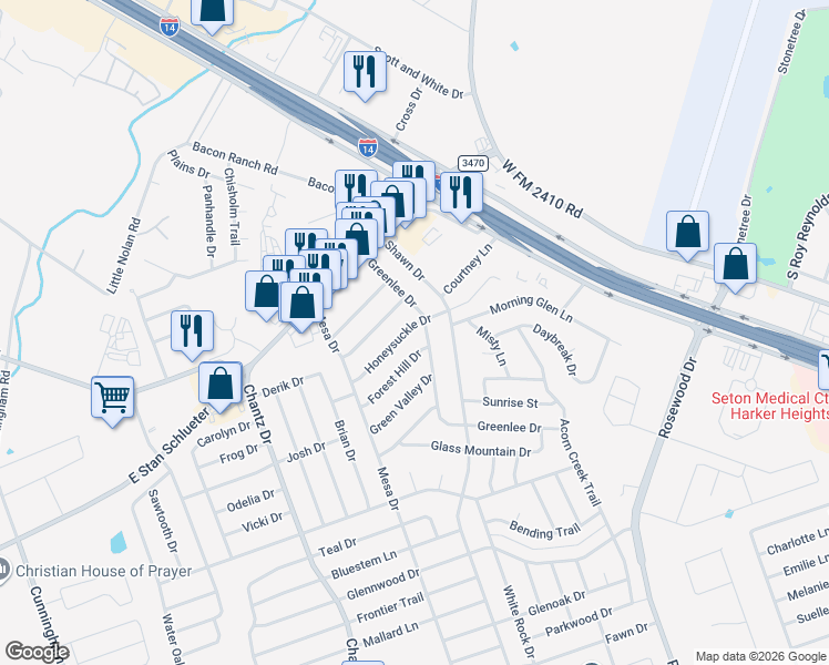 map of restaurants, bars, coffee shops, grocery stores, and more near 3204 Honeysuckle Drive in Killeen