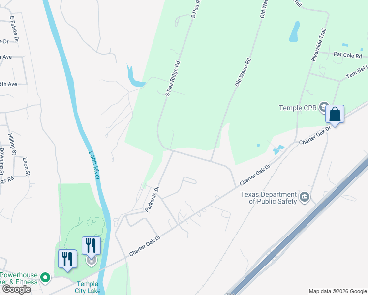map of restaurants, bars, coffee shops, grocery stores, and more near 4504 South Pea Ridge Road in Temple