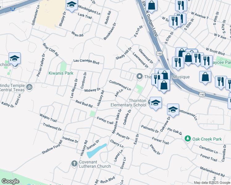 map of restaurants, bars, coffee shops, grocery stores, and more near 3302 Pin Oak Drive in Temple