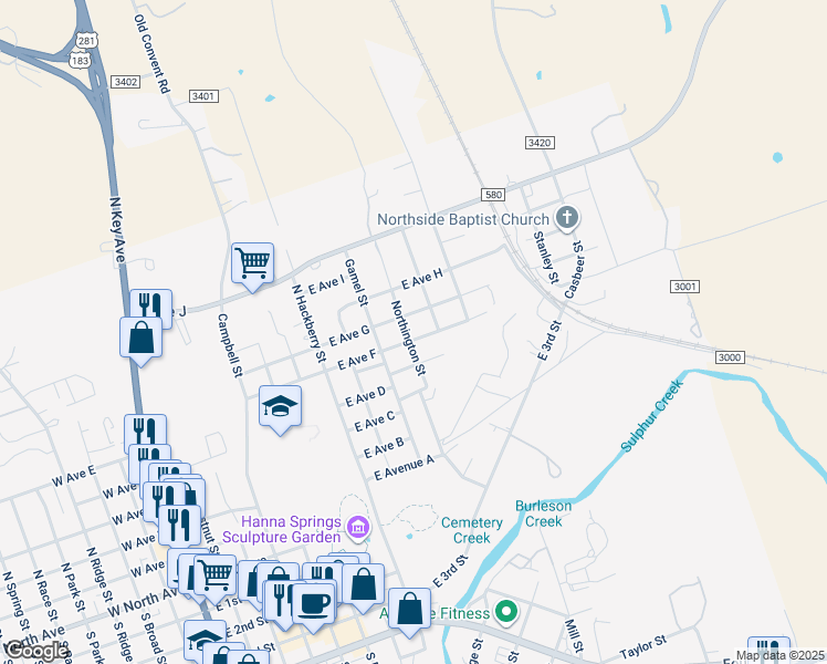 map of restaurants, bars, coffee shops, grocery stores, and more near 1101 East Avenue F in Lampasas