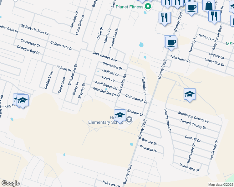 map of restaurants, bars, coffee shops, grocery stores, and more near 3703 Appalachian Trail in Killeen