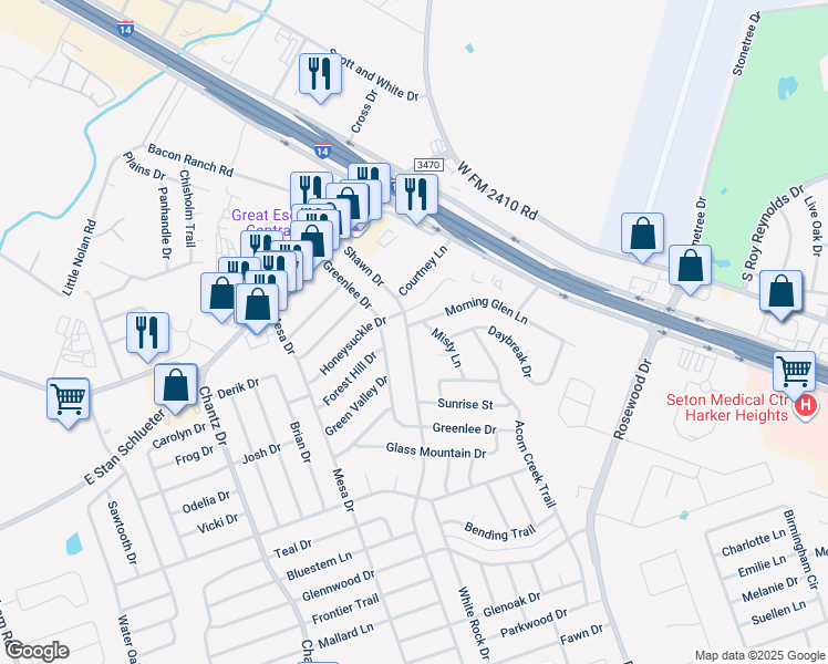map of restaurants, bars, coffee shops, grocery stores, and more near 4802 Morning Glen Lane in Killeen