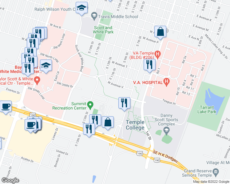 map of restaurants, bars, coffee shops, grocery stores, and more near 301 West Avenue T in Temple