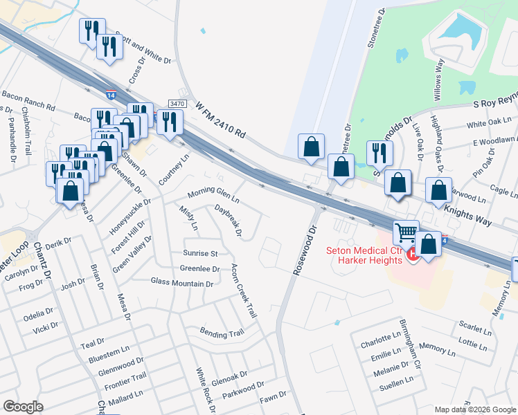 map of restaurants, bars, coffee shops, grocery stores, and more near 5303 Morning Glen Lane in Killeen