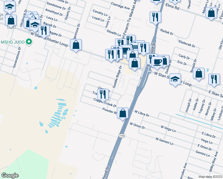 map of restaurants, bars, coffee shops, grocery stores, and more near 1205 Cinch Drive in Killeen