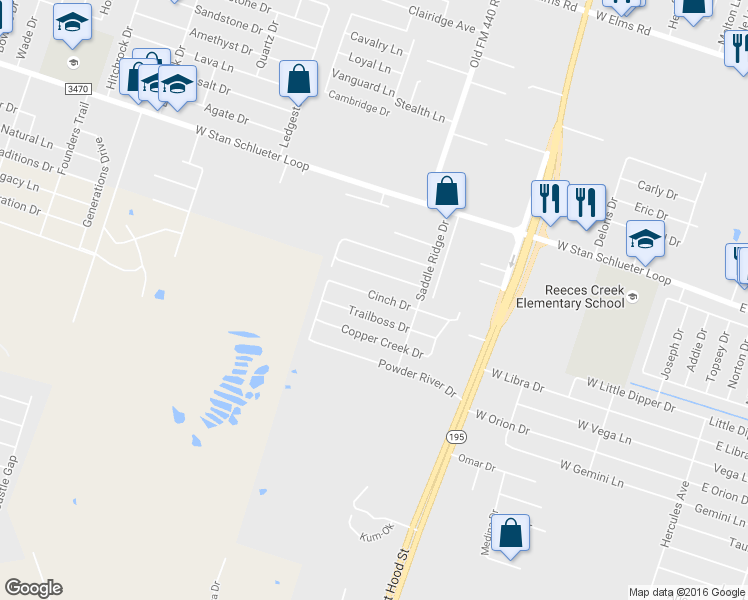 map of restaurants, bars, coffee shops, grocery stores, and more near 1403 Trailboss Drive in Killeen