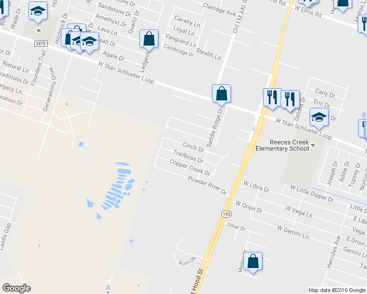 map of restaurants, bars, coffee shops, grocery stores, and more near 1403 Trailboss Drive in Killeen