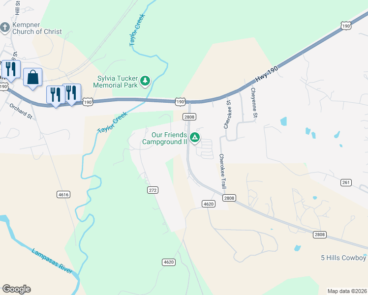 map of restaurants, bars, coffee shops, grocery stores, and more near 1234 Farm to Market 2808 in Kempner