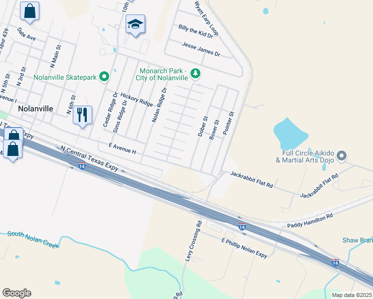 map of restaurants, bars, coffee shops, grocery stores, and more near 23 East Birch Street in Nolanville
