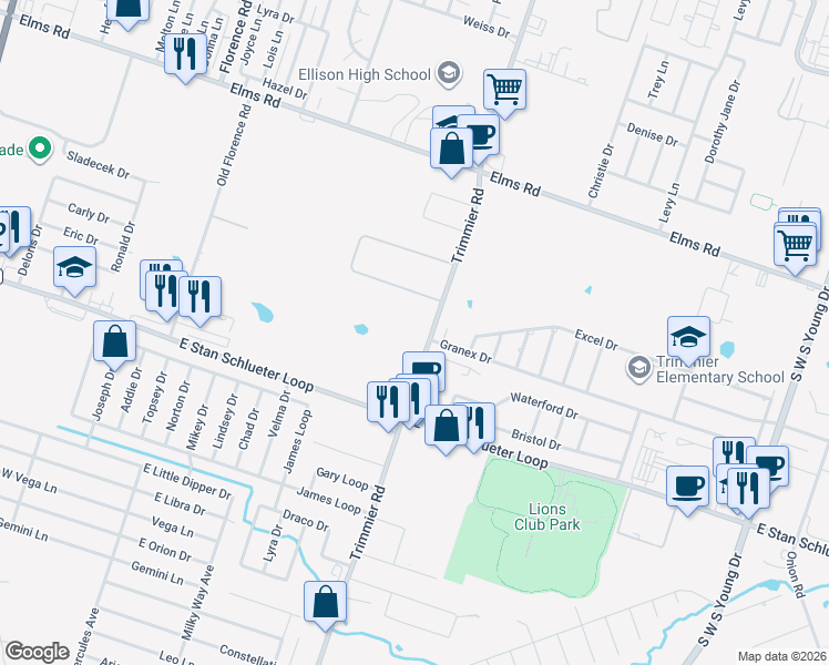 map of restaurants, bars, coffee shops, grocery stores, and more near 4401 Trimmier Road in Killeen