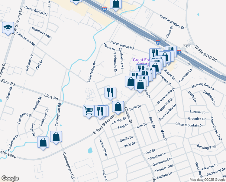 map of restaurants, bars, coffee shops, grocery stores, and more near 3803 John Chisholm Loop in Killeen