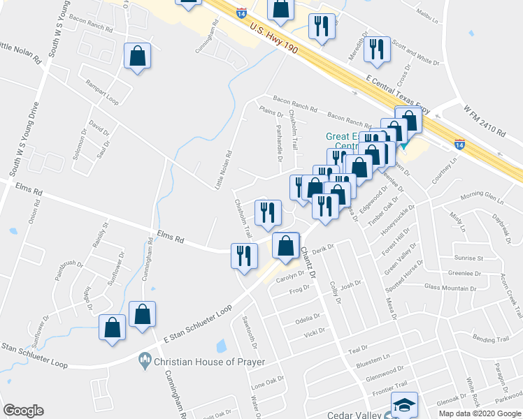 map of restaurants, bars, coffee shops, grocery stores, and more near 3803 John Chisholm Loop in Killeen