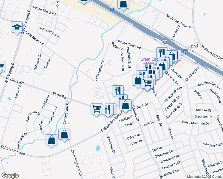 map of restaurants, bars, coffee shops, grocery stores, and more near 3803 John Chisholm Loop in Killeen