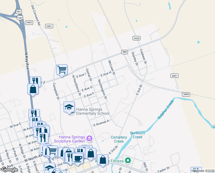 map of restaurants, bars, coffee shops, grocery stores, and more near 1101 East Avenue F in Lampasas