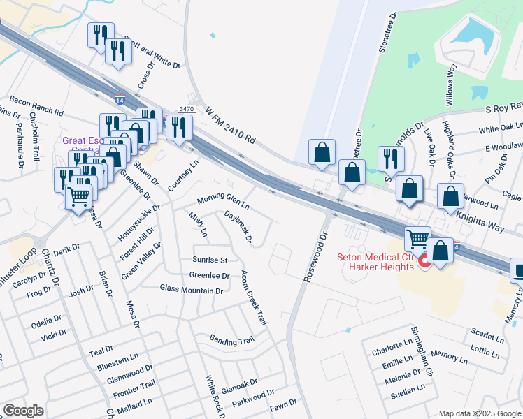 map of restaurants, bars, coffee shops, grocery stores, and more near 5303 Morning Glen Lane in Killeen