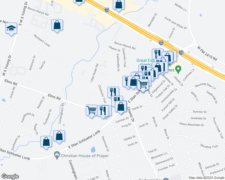 map of restaurants, bars, coffee shops, grocery stores, and more near 3803 John Chisholm Loop in Killeen