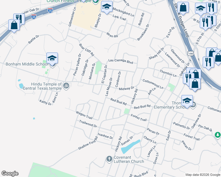 map of restaurants, bars, coffee shops, grocery stores, and more near 3309 Las Moras Drive in Temple