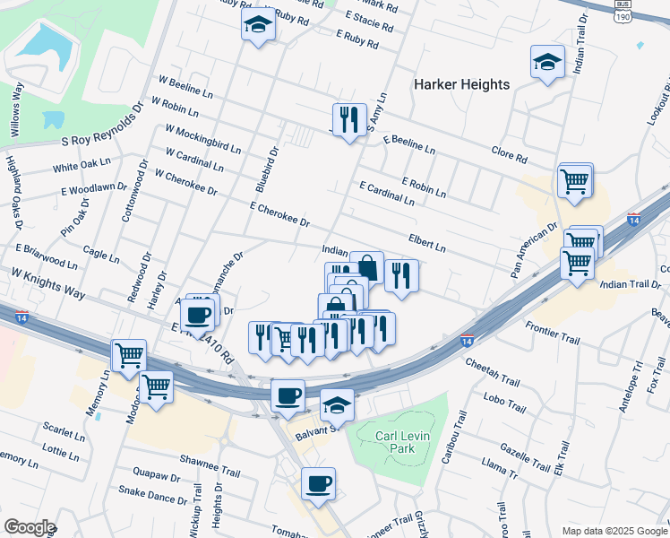 map of restaurants, bars, coffee shops, grocery stores, and more near 201 East Central Texas Expressway in Harker Heights