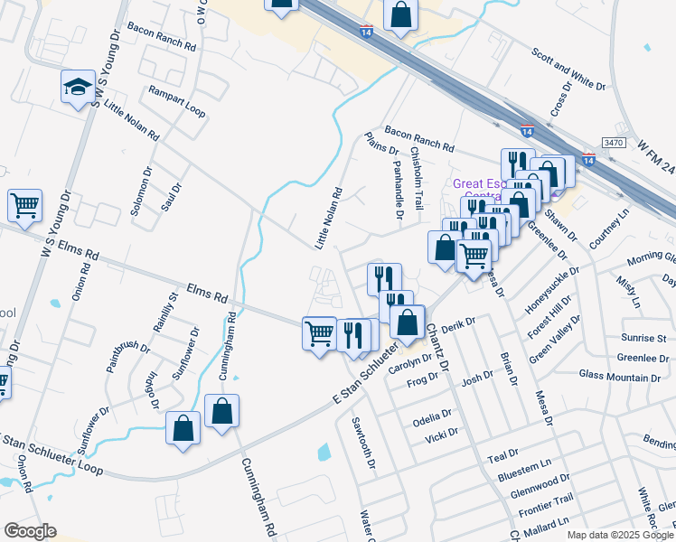 map of restaurants, bars, coffee shops, grocery stores, and more near 3319 Chisholm Trail in Killeen