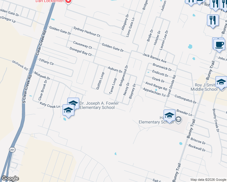 map of restaurants, bars, coffee shops, grocery stores, and more near 6310 Taree Loop in Killeen