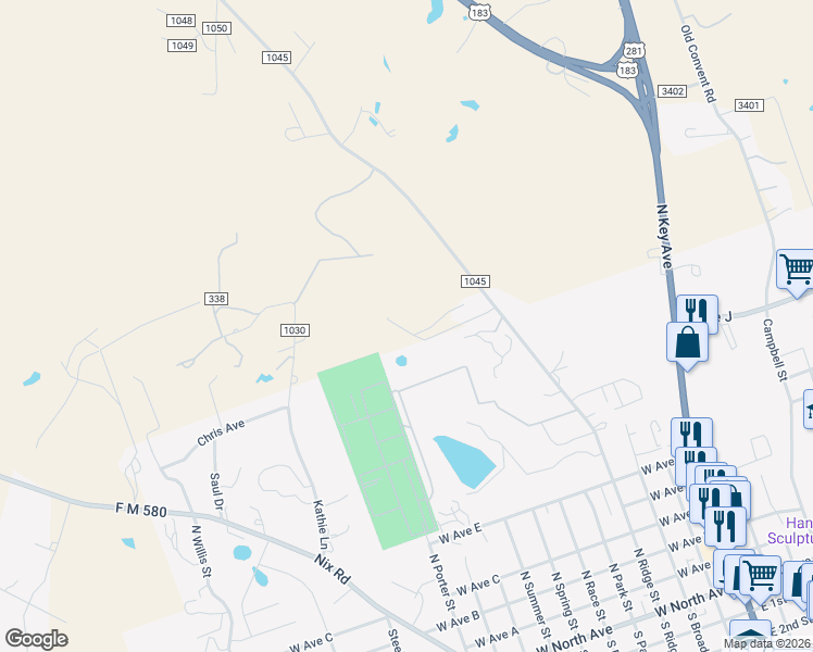 map of restaurants, bars, coffee shops, grocery stores, and more near 1135A Cr 1045 in Lampasas