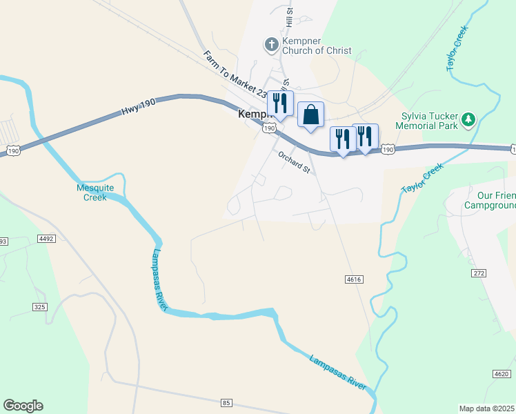 map of restaurants, bars, coffee shops, grocery stores, and more near 1002 Emily Lane in Kempner