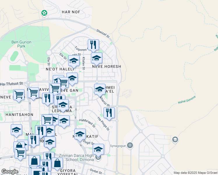 map of restaurants, bars, coffee shops, grocery stores, and more near 27 Shlomo Ibn Gabirol Street in Dimona