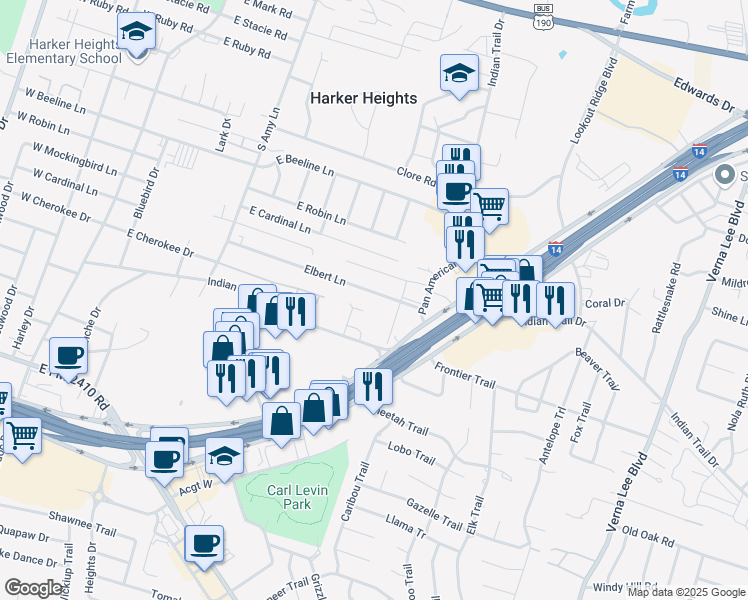 map of restaurants, bars, coffee shops, grocery stores, and more near 418 Elbert Lane in Harker Heights