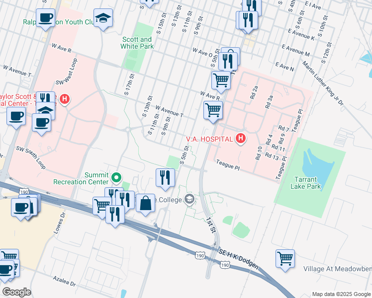 map of restaurants, bars, coffee shops, grocery stores, and more near 2211 South 5th Street in Temple