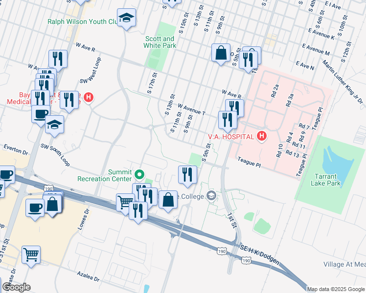 map of restaurants, bars, coffee shops, grocery stores, and more near 301 West Avenue T in Temple