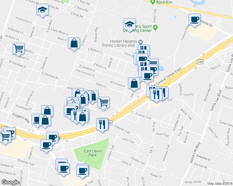 map of restaurants, bars, coffee shops, grocery stores, and more near 1306 Coronado Road in Harker Heights