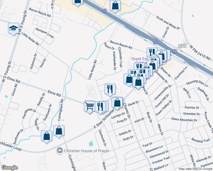 map of restaurants, bars, coffee shops, grocery stores, and more near 3803 John Chisholm Loop in Killeen