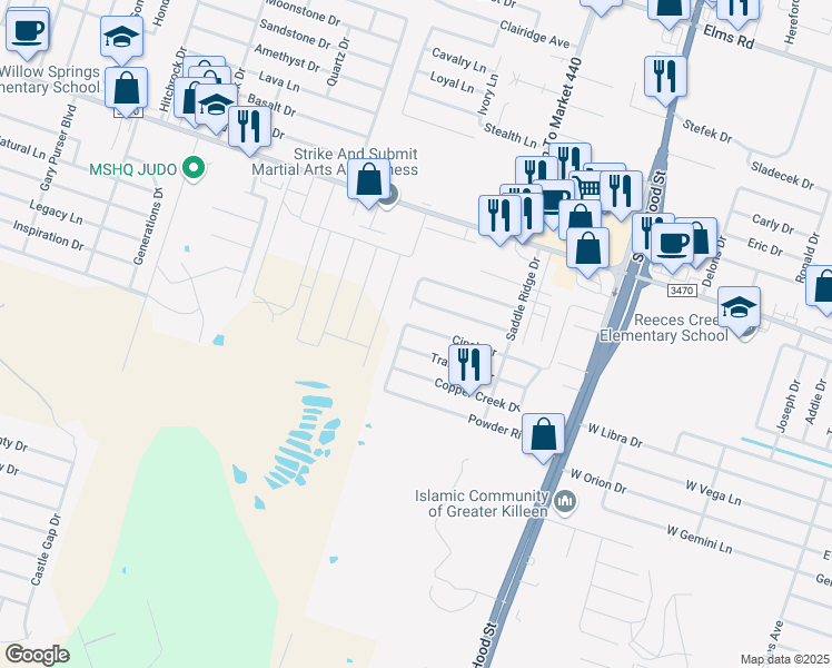 map of restaurants, bars, coffee shops, grocery stores, and more near 1500 Trailboss Drive in Killeen