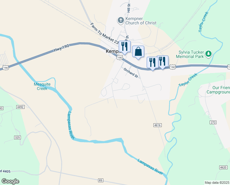 map of restaurants, bars, coffee shops, grocery stores, and more near 1002 Emily Lane in Kempner