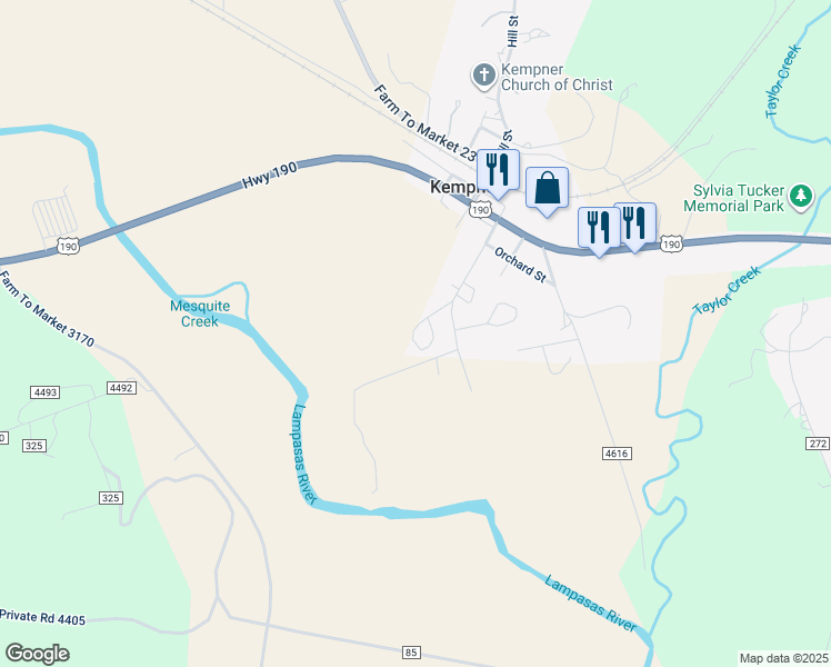 map of restaurants, bars, coffee shops, grocery stores, and more near 340 Pecan Street in Kempner