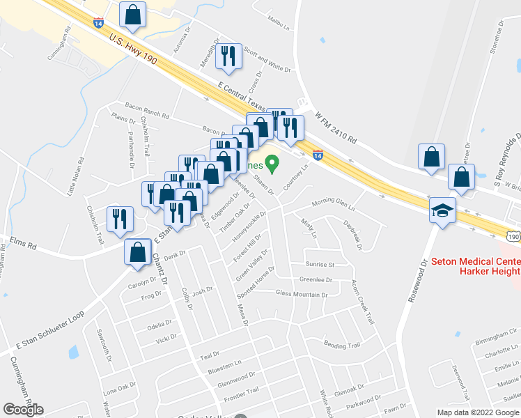 map of restaurants, bars, coffee shops, grocery stores, and more near 3201 Honeysuckle Drive in Killeen