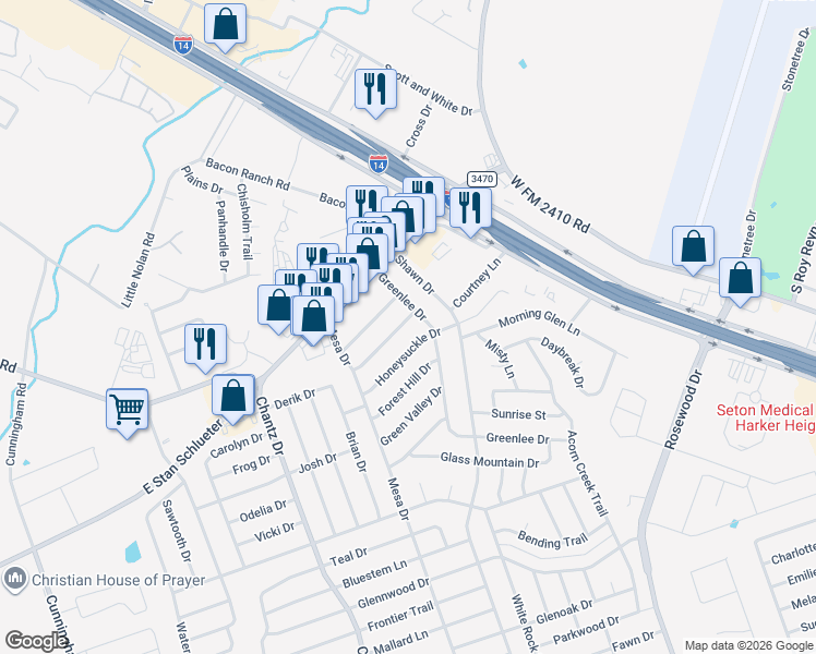 map of restaurants, bars, coffee shops, grocery stores, and more near 3204 Honeysuckle Drive in Killeen