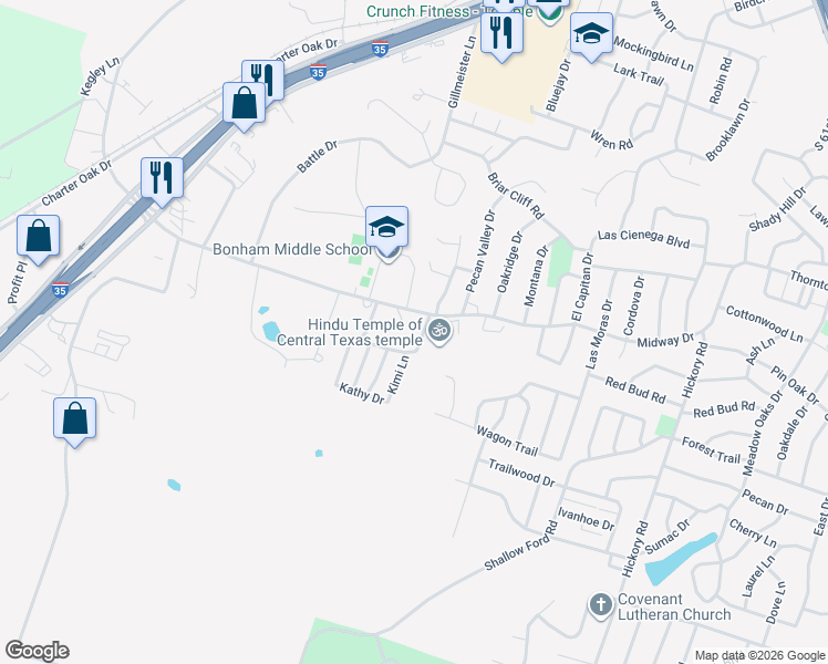map of restaurants, bars, coffee shops, grocery stores, and more near 4309 Midway Drive in Temple