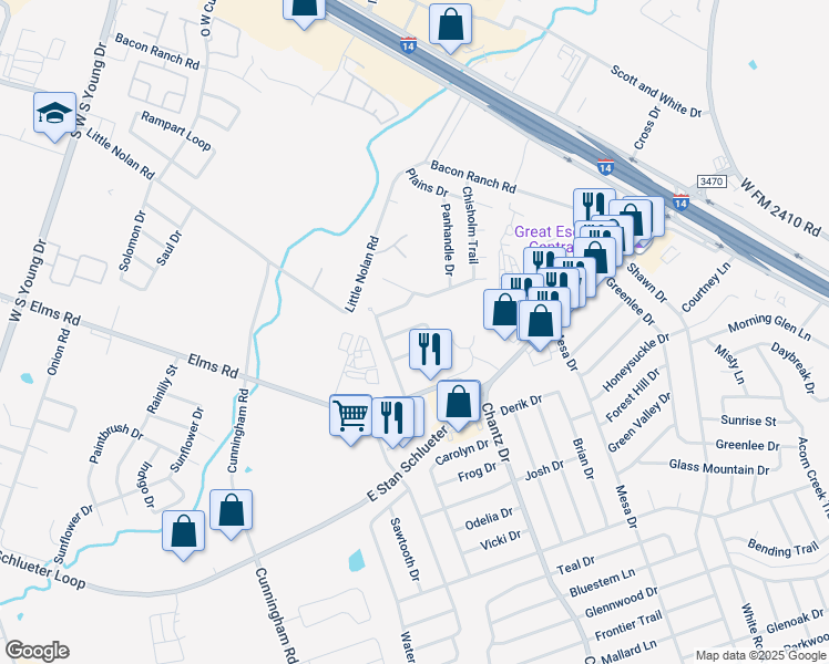 map of restaurants, bars, coffee shops, grocery stores, and more near 3803 John Chisholm Loop in Killeen