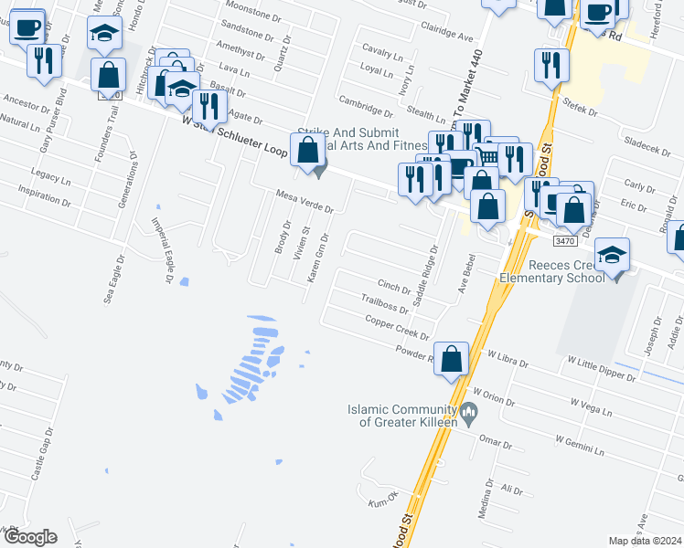 map of restaurants, bars, coffee shops, grocery stores, and more near 1500 Trailboss Drive in Killeen