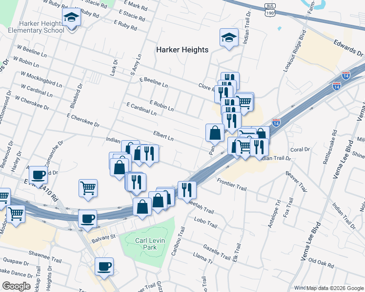 map of restaurants, bars, coffee shops, grocery stores, and more near 414 Elbert Lane in Harker Heights