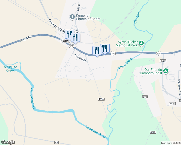 map of restaurants, bars, coffee shops, grocery stores, and more near 304 Peach Street in Kempner