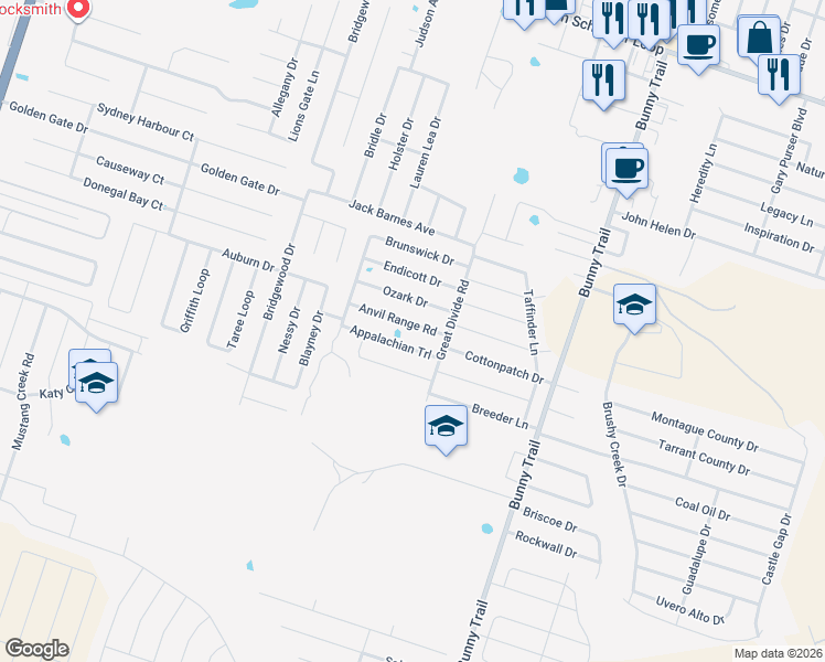 map of restaurants, bars, coffee shops, grocery stores, and more near 3800 Anvil Range Road in Killeen