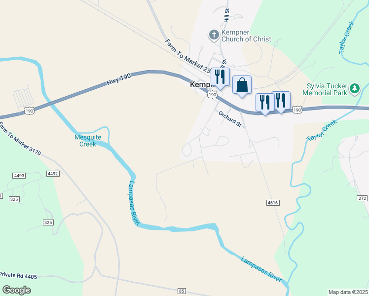 map of restaurants, bars, coffee shops, grocery stores, and more near 340 Pecan Street in Kempner