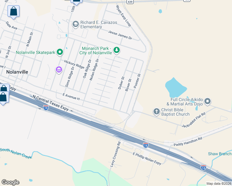 map of restaurants, bars, coffee shops, grocery stores, and more near 123 Dober Street in Nolanville